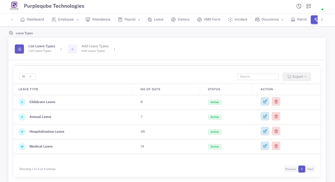Leave Types list page showing all existing leave type records